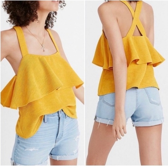 Madewell Tops - Madewell Tank Top Gold Criss Cross Strap Crop Medium Yellow Ribbed Ruffle